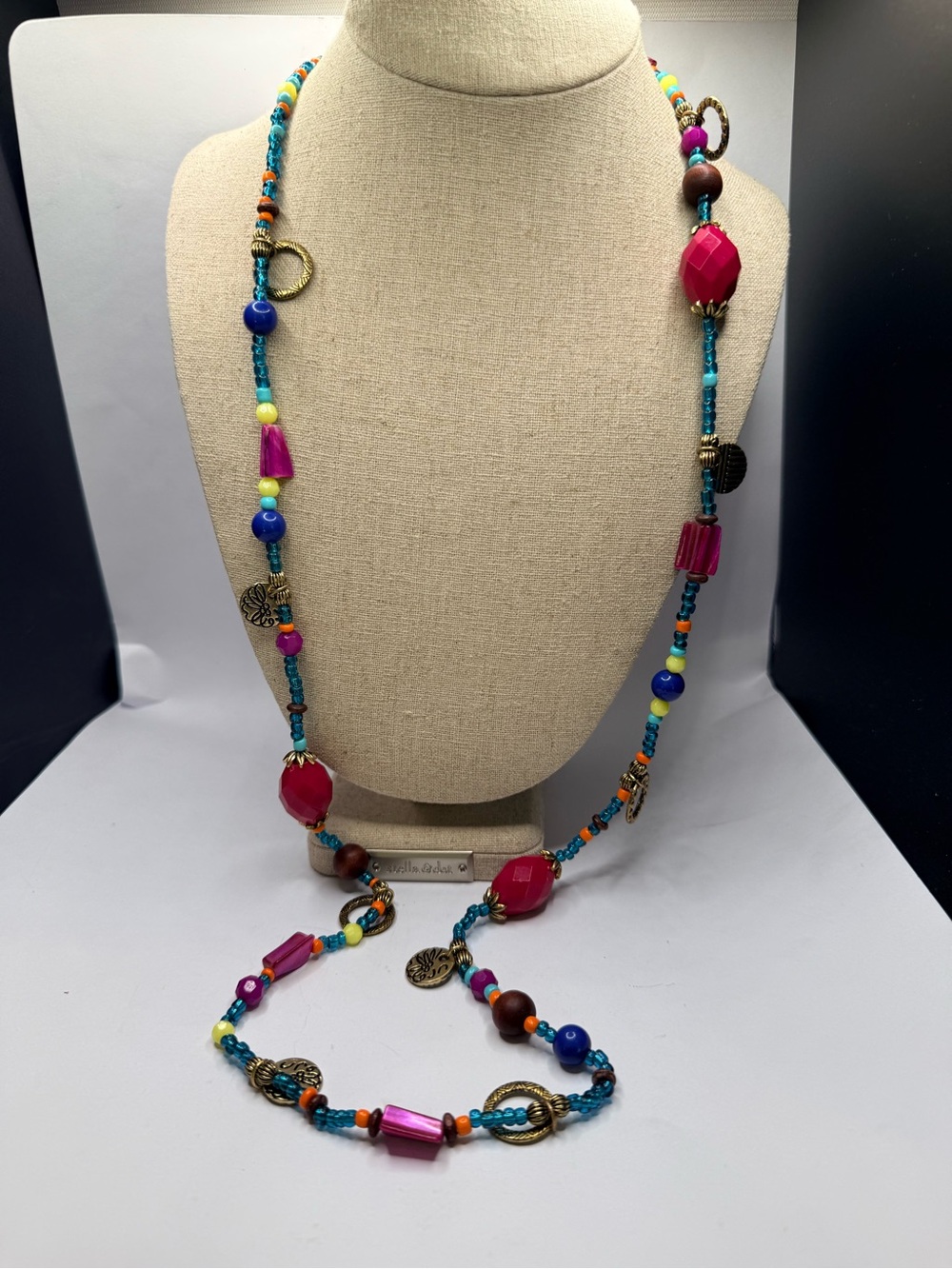 Multicolor Beaded Long Necklace with Pink Accents